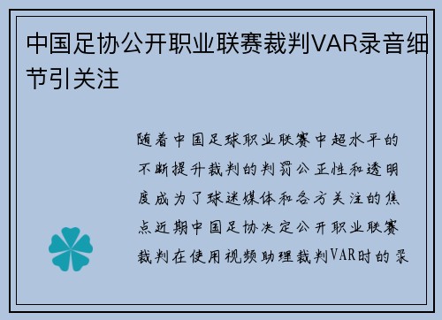 中国足协公开职业联赛裁判VAR录音细节引关注